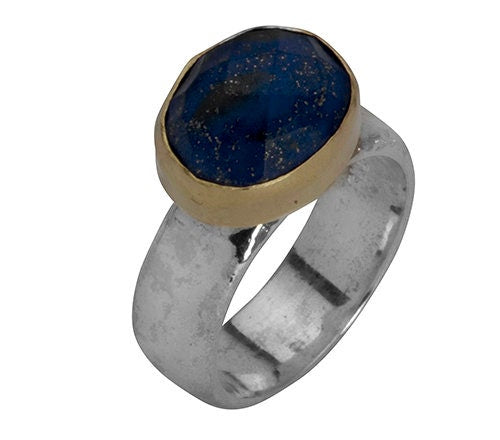 Natural Lapis Gemstone Two Tone Solid 9k Yellow Gold &amp; 925 Sterling Silver Solitaire Ring Main Stone: Lapis Main Stone Creation: Natural Total Carat Weight (TCW): 5.2 Thickness mm: 2 Hight Above The Finger mm: 10 Width mm: 6.5 Weight gr.: 8.6