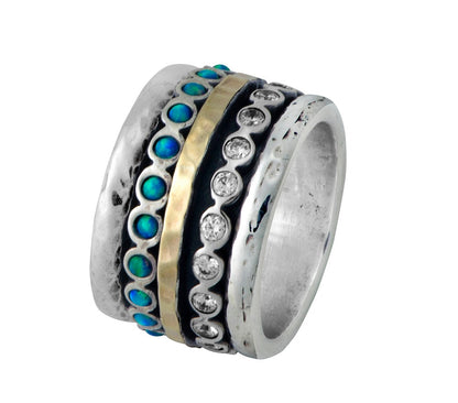 Spinner Ring For Woman 2.2 Carat Blue Opal And Cubic Zirconia Stones 925 Sterling Silver Spinner Ring Hammered Silver Ring, Statement Ring
