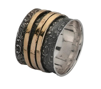 SPIRA Handcrafted Vintage Design Two Tone Solid 9k Yellow &amp; Rose Gold And 925 Sterling Silver Spinner Ring R-0618-SM Weight gr.: 8.8 Width mm: 16 Thickness mm: 2 Metal Purity: 9k Country/Region of Manufacture: Israel