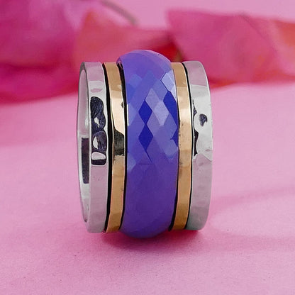 Unique Blue Ceramic Spinner Ring Two Tone Solid 9 karat Yellow Gold and 925 Sterling Silver Fidght Ring