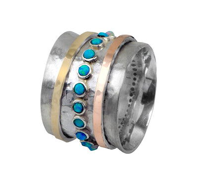 Mixed Metal Ring Gold Spinner Ring For Woman Two Tone Solid 9k Yellow and Rose Gold 925 Sterling Silver Cubic Zirconia Stone, Boho Ring