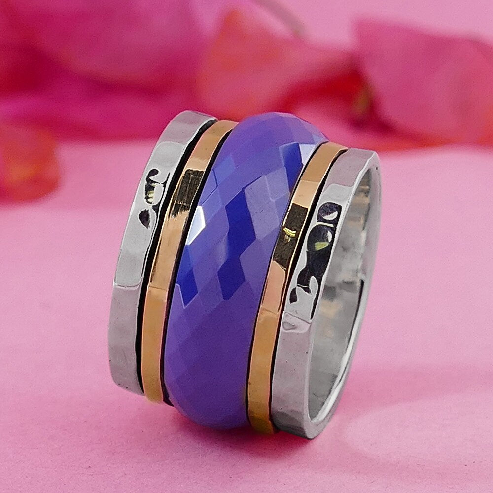 Handmade White Ceramic Spinner Ring 295 Sterling Silver Two Tone Solid 9k Yellow and Rose Gold