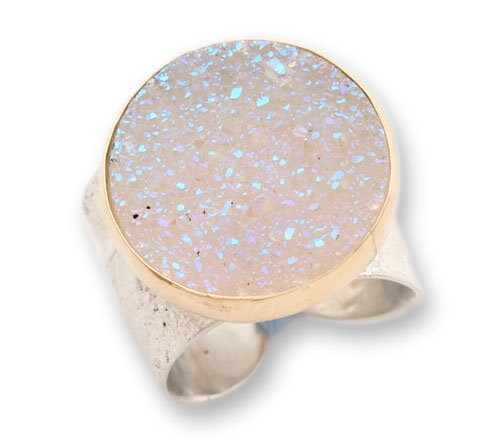 Natural crystal quartz Large Statement Two Tone Ring Gray Agate Druzy Stone Solid 9 karat Yellow Gold and 925 Sterling Silver