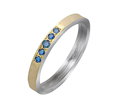 Blue Diamonds Two Tone Solid 9k Yellow Gold &amp; 925 Sterling Silver Stackable Ring Thickness mm: 2 Hight Above The Finger mm: 2 Width mm: 3 Weight gr.: 2.9 Main Stone: Diamond Main Stone Creation: Natural Total Carat Weight (TCW): 0.2