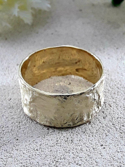 Handmade Wide Wedding Band 14 Karat Yellow Gold Special Brush Finish