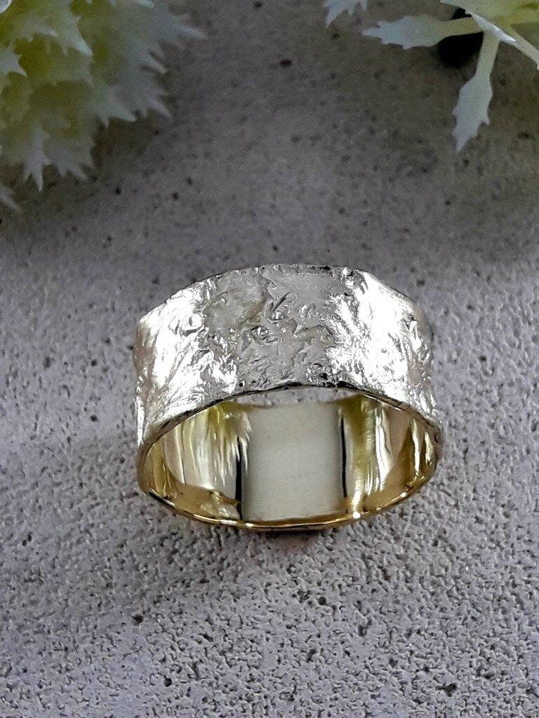 Handmade Wide Wedding Band 14 Karat Yellow Gold Special Brush Finish