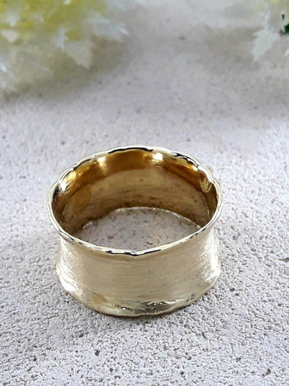 Unique Handcrafted Wide Hammered Wedding Ring Solid 14 Karat Yellow Gold Special Brush Finish, Statement Ring,Unique Bohemian Unisex Ring