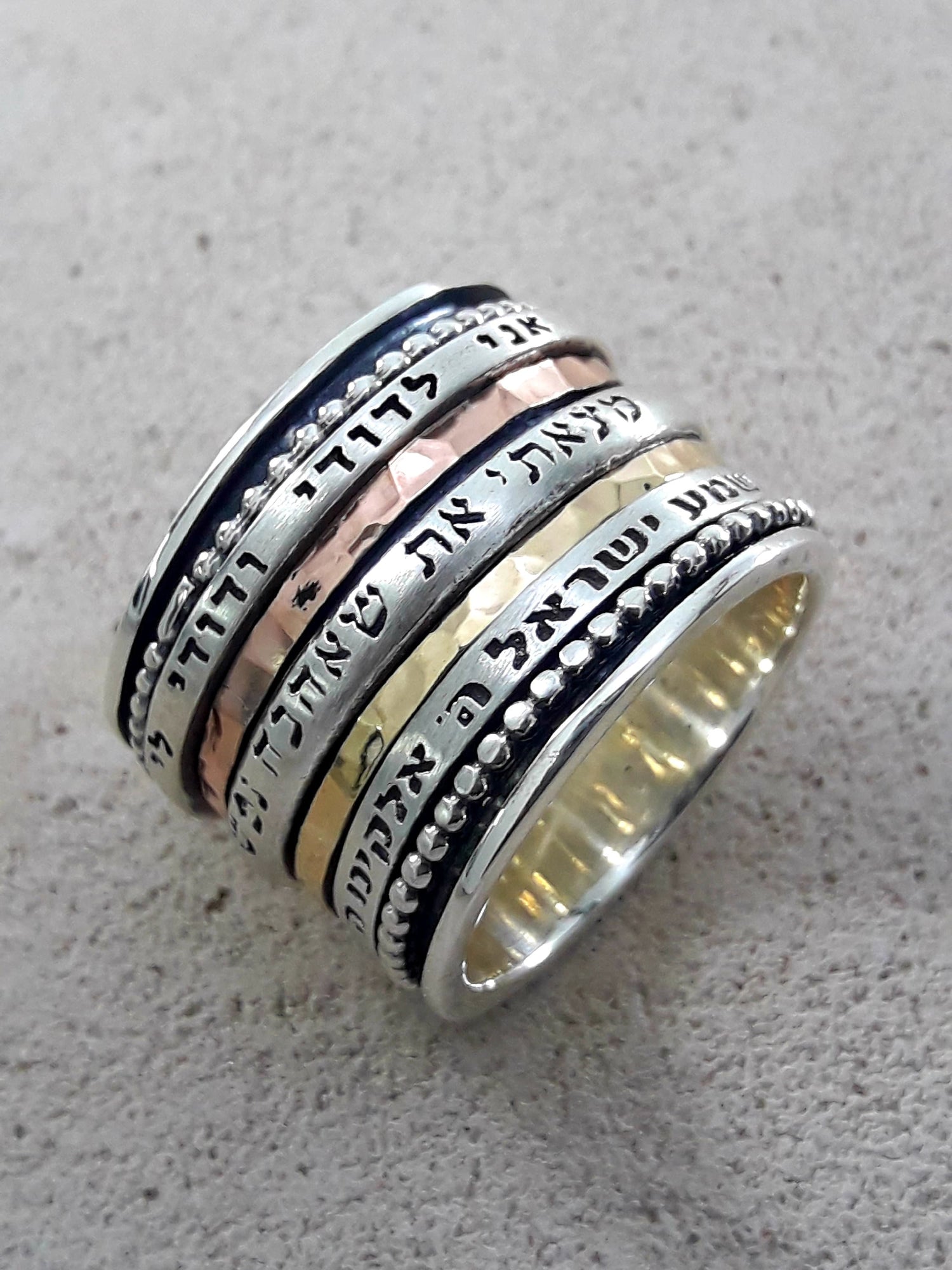 SPIRA Handcrafted Contemporary Design Two Tone Solid 9k Yellow and Rose Gold And 925 Sterling Silver Spinner Ring, Jewish ring, Large ring