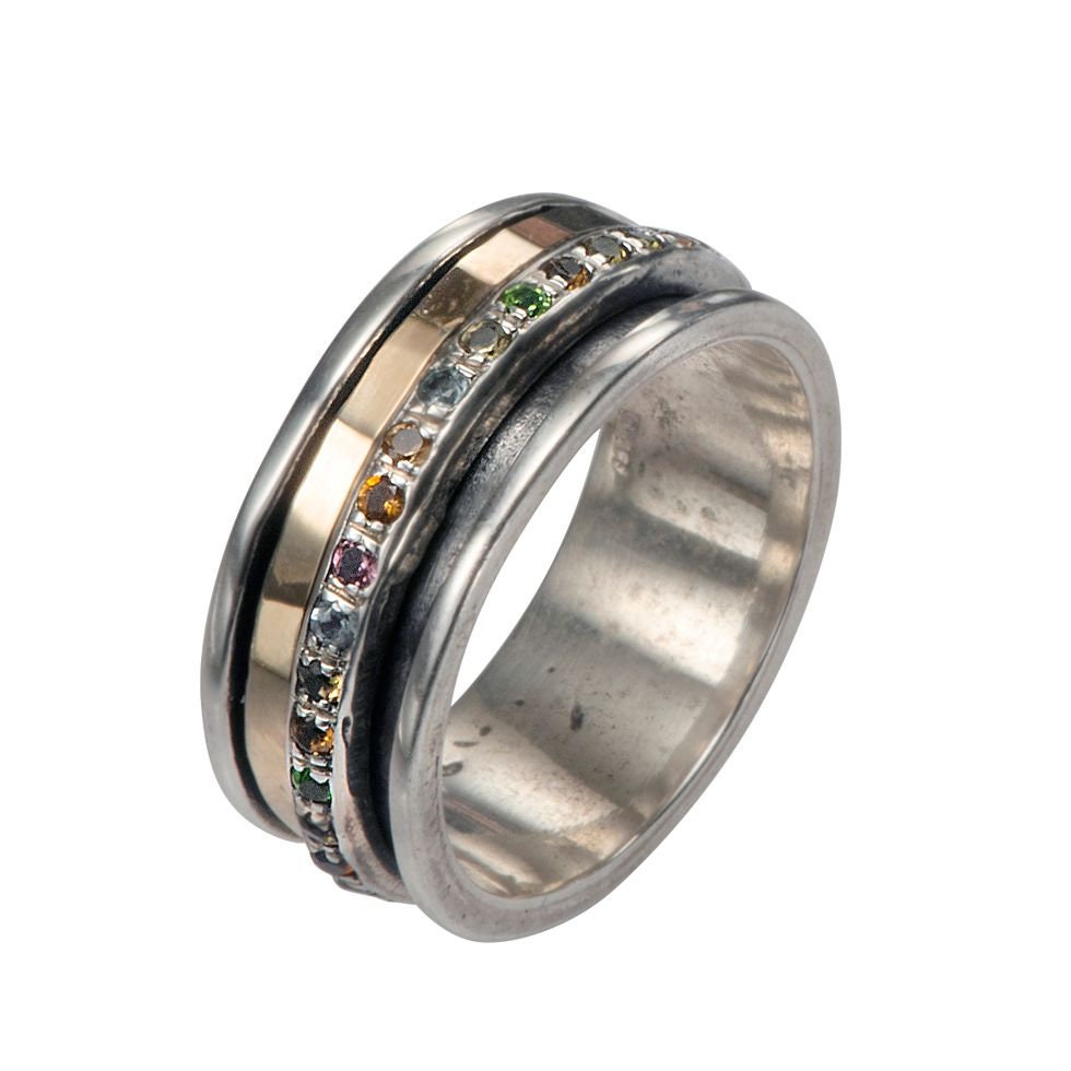 Mixed metal Ring 3.2 Carat White Cubic Zirconia Stone Two Tone Solid 9k Rose Gold &amp; 925 Sterling Silver Spinner Ring Hammered Silver Ring