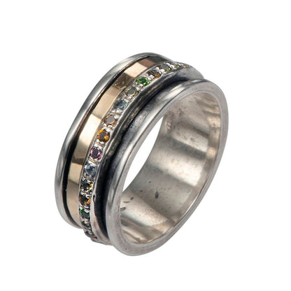 Mixed metal Ring 3.2 Carat White Cubic Zirconia Stone Two Tone Solid 9k Rose Gold &amp; 925 Sterling Silver Spinner Ring Hammered Silver Ring
