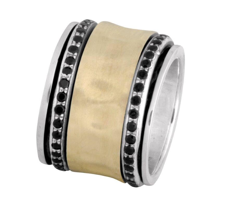 Unique Mixed Metal Spinner Ring White Cubic Zirconia Stone Two Tone Solid 9k Yellow Gold &amp; 925 Sterling Silver Set,Gypsy ring, Bohemian ring