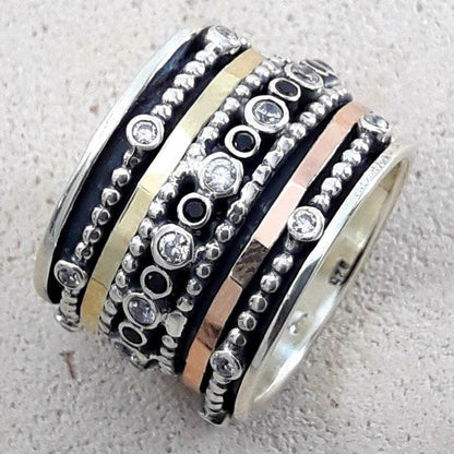 Mix Metal Spinner Ring Two Tone Solid 9k Yellow/Rose Gold and 925 Sterling Silver Oxidized worry ring Set with Cubic zirkonia &amp; Black spinel