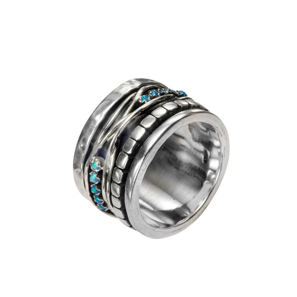 Spira Unique Blue Opal Stone 925 Sterling Silver Spinner Ring, Oxidized Silver Fidget ring, Gemstone ring, Worry ring, Handmade in Israel