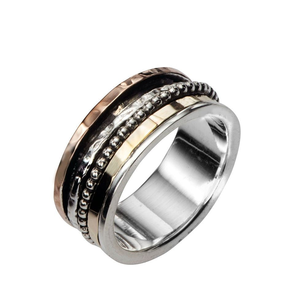 SPIRA Unique Handcrafted Mixed metal ring Two Tone Solid 9k Yellow & Rose Gold And 925 Sterling Silver Spinner Ring, Contemporary Design