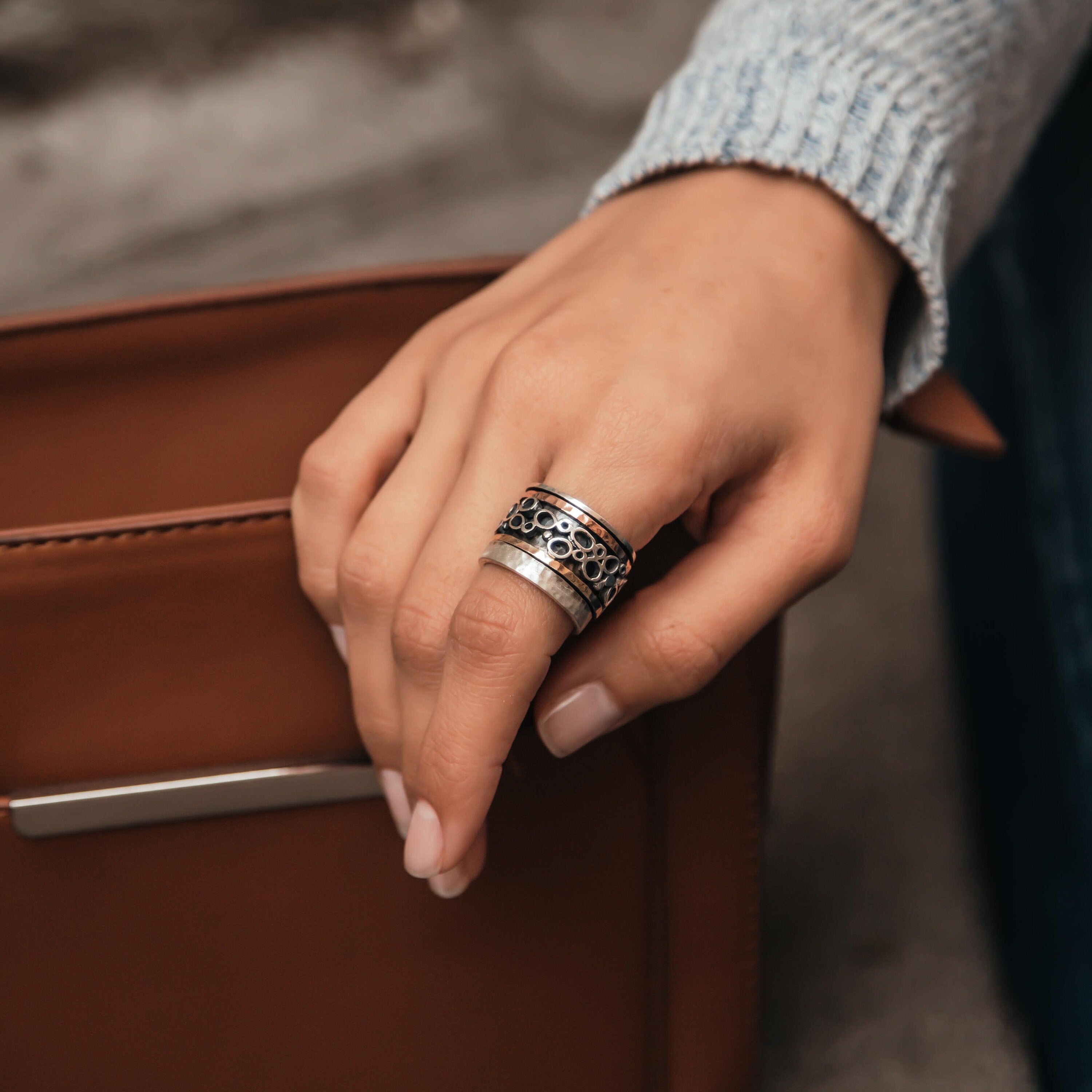 SPIRA Unique Handcrafted Mixed metal Ring Two Tone Solid 9k Yellow and Rose Gold And 925 Sterling Silver Spinner Ring, Hammered Silver Ring