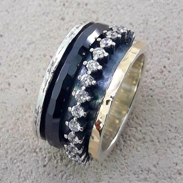 Black Ceramic White Cubic Zirconia Two Tone Solid 9k Yellow Gold &amp; 925 Sterling Silver Spinner Ring , Bohemian ring, Unique Mixed metal ring