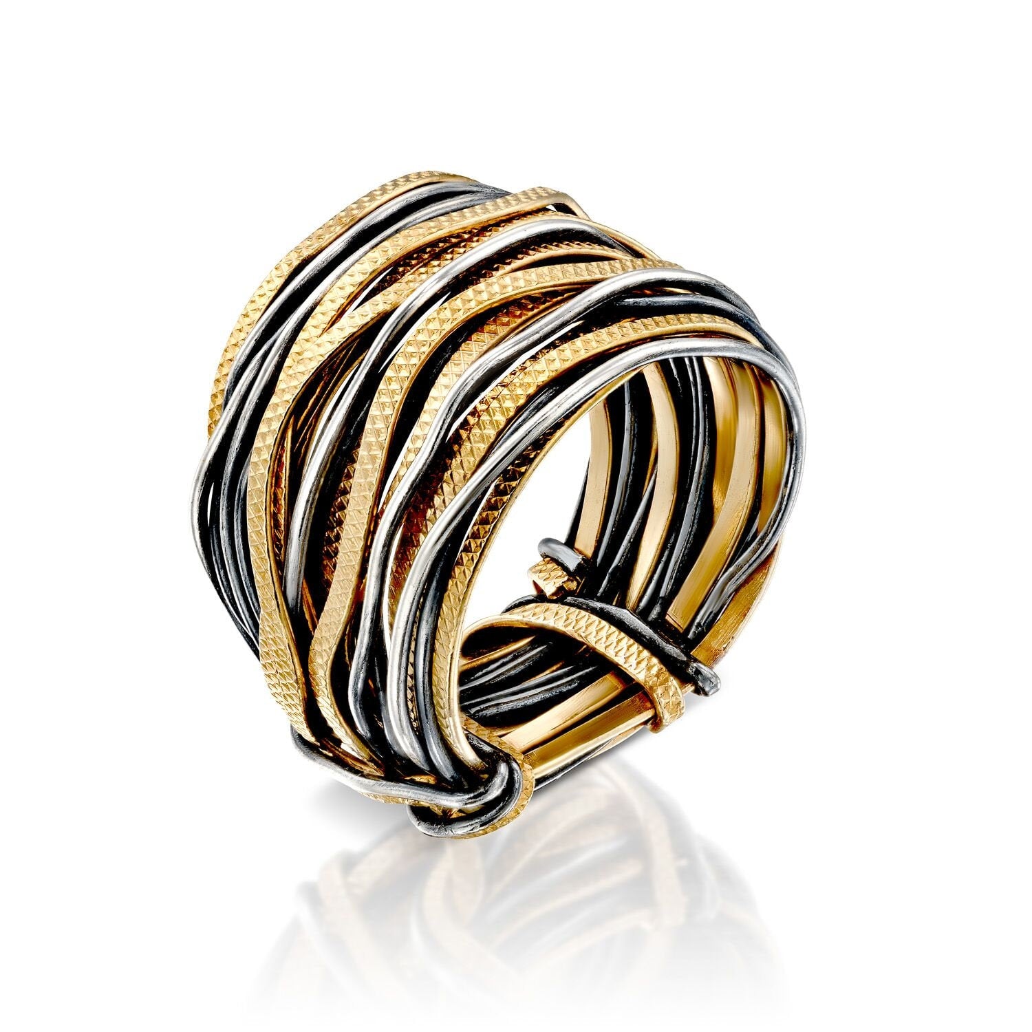 SPIRA Unique Handcrafted Design 925 Sterling Silver wires Wrap Boho Ring Wide two tone ring