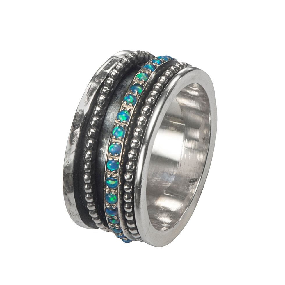 Spira Unique Blue Opal Stone 925 Sterling Silver Spinner Ring, Oxidized Silver Fidget ring, Gemstone ring, Worry ring, Handmade in Israel