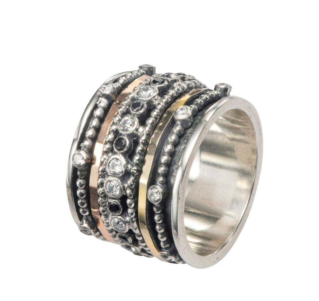 Mix Metal Spinner Ring Two Tone Solid 9k Yellow/Rose Gold and 925 Sterling Silver Oxidized worry ring Set with Cubic zirkonia &amp; Black spinel