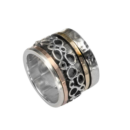 SPIRA Unique Handcrafted Mixed metal Ring Two Tone Solid 9k Yellow and Rose Gold And 925 Sterling Silver Spinner Ring, Hammered Silver Ring