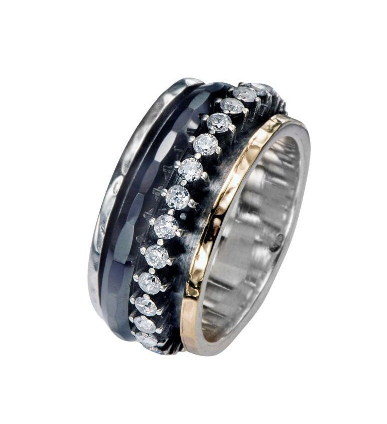 Black Ceramic White Cubic Zirconia Two Tone Solid 9k Yellow Gold &amp; 925 Sterling Silver Spinner Ring , Bohemian ring, Unique Mixed metal ring