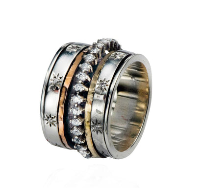 Spira Mix Metal Ring Gold Spinner Ring For Woman, Cubic Zirconia Stone Two Tone Solid 9k Yellow Gold &amp; 925 Sterling Silver,Unique Gypsy ring