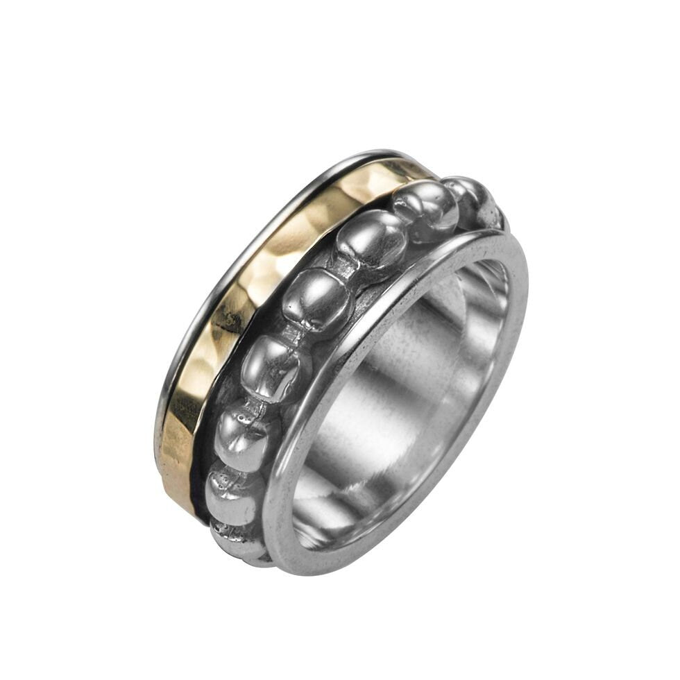 Mixed metal Spinner Ring Two Tone Solid 9k Yellow Gold and 925 Sterling Silver ,Oxidized Silver Fidget ring,Worry ring