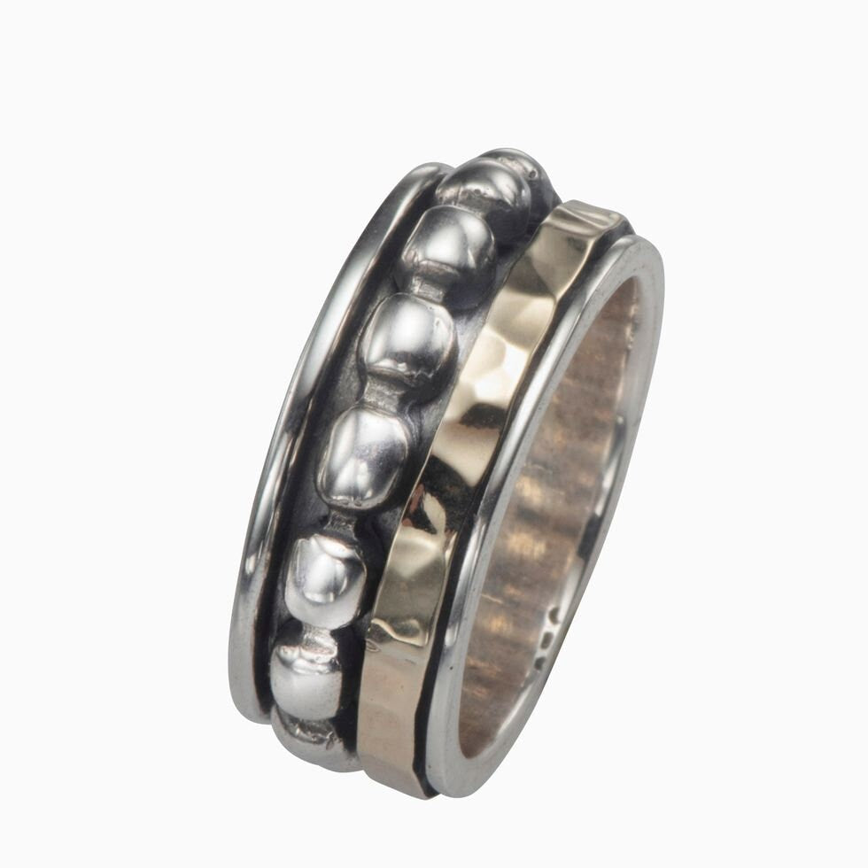 Mixed metal Spinner Ring Two Tone Solid 9k Yellow Gold and 925 Sterling Silver ,Oxidized Silver Fidget ring,Worry ring