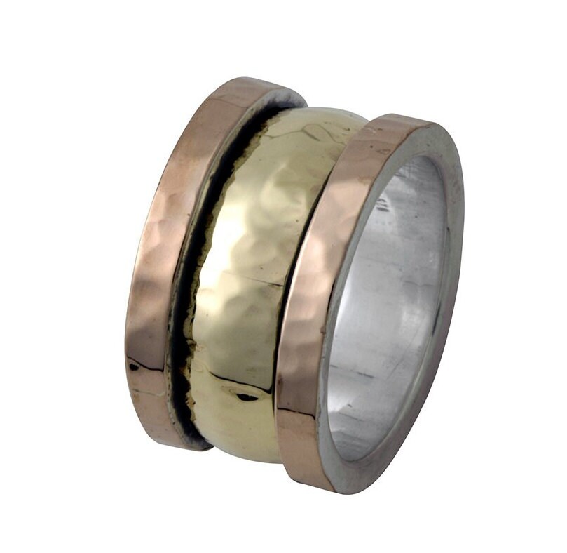 Handmade Mixed metal Spinner Ring Two Tone Solid 9 karat Yellow and Rose Gold And 925 Sterling Silver