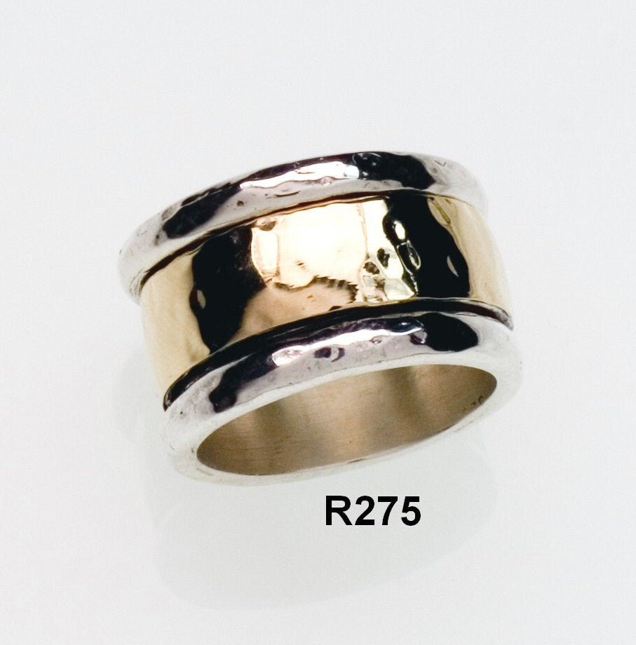 Handcrafted Unique Hammered Mixed metal Ring Solid Gold Spinner Ring Two Tone Solid 9k Yellow Gold And 925 Sterling Silver Statement Ring