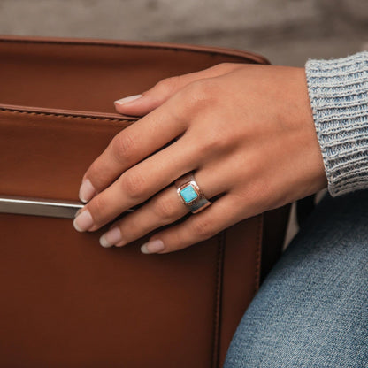 Blue opal Gemstone Ring Two Tone Solid 9 karat Rose Gold and 925 Sterling Silver Statement Ring