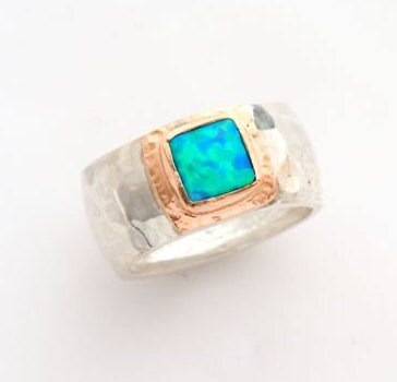 Blue opal Gemstone Ring Two Tone Solid 9 karat Rose Gold and 925 Sterling Silver Statement Ring