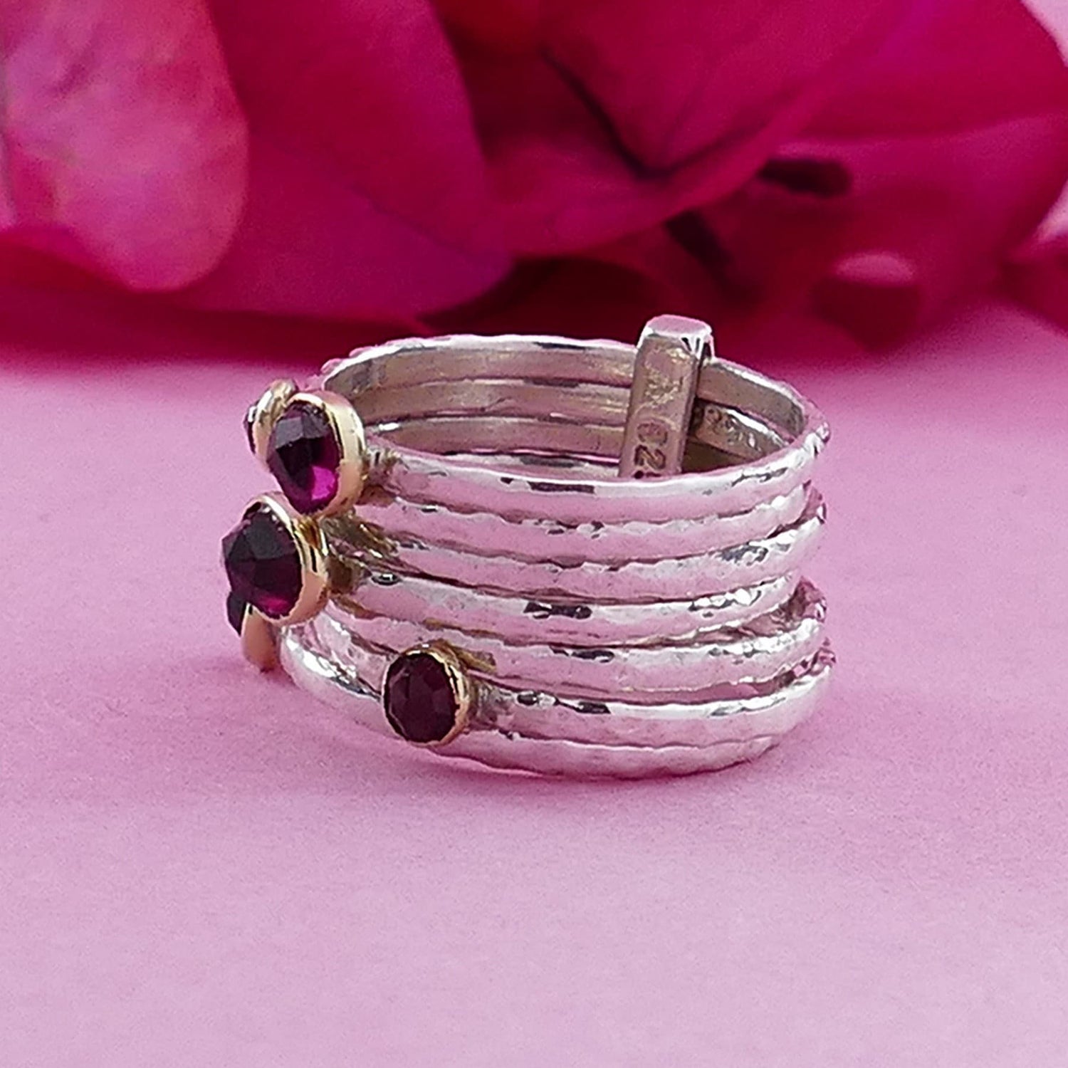 Unique Garnet gemstone Stackable Ring Two Tone Solid 9k Yellow Gold 925 Sterling Silver