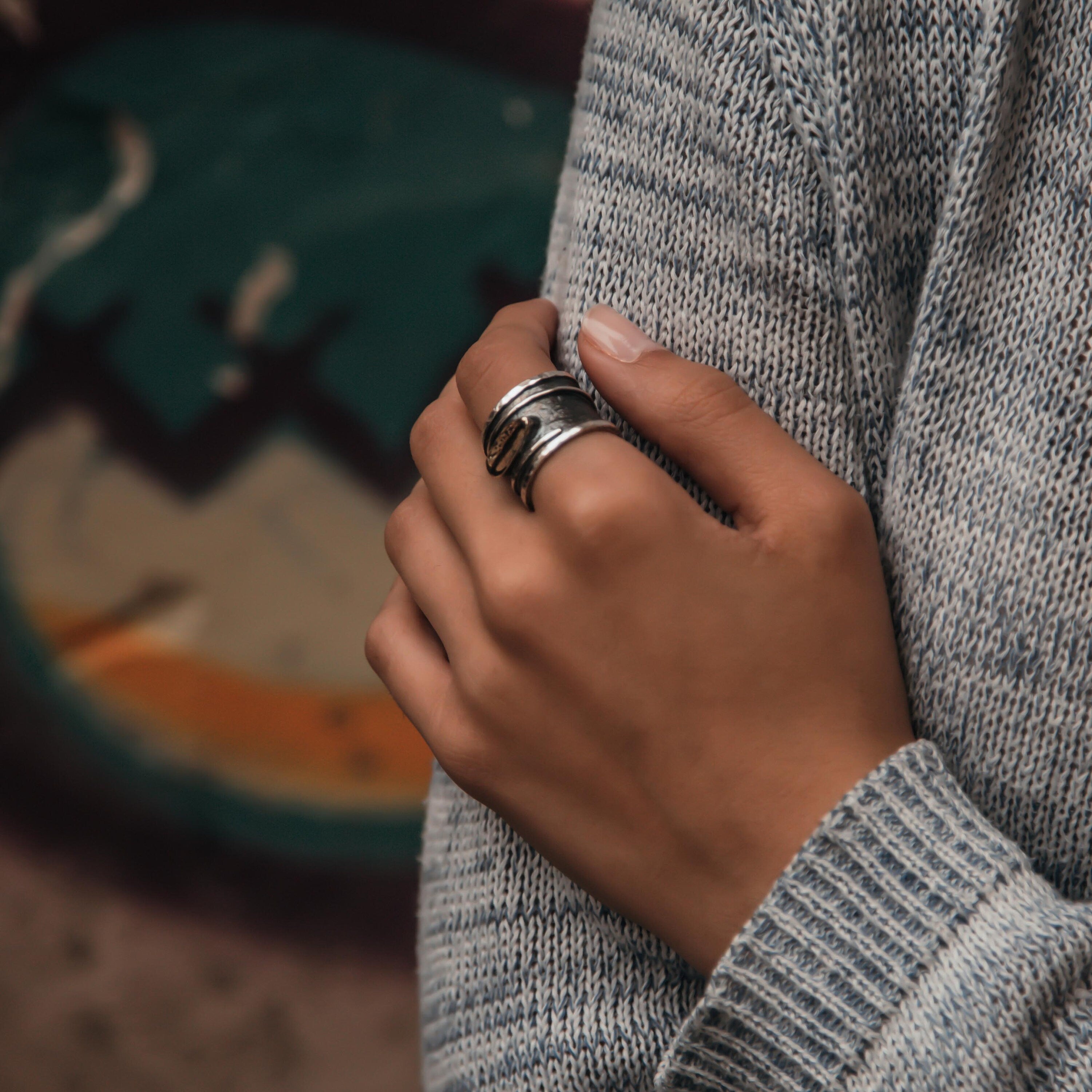 Handcrafted oxidied Silver Statement Ring Two Tone Solid 9 Katat Yellow Gold And 925 Sterling Silver Bohemian ring