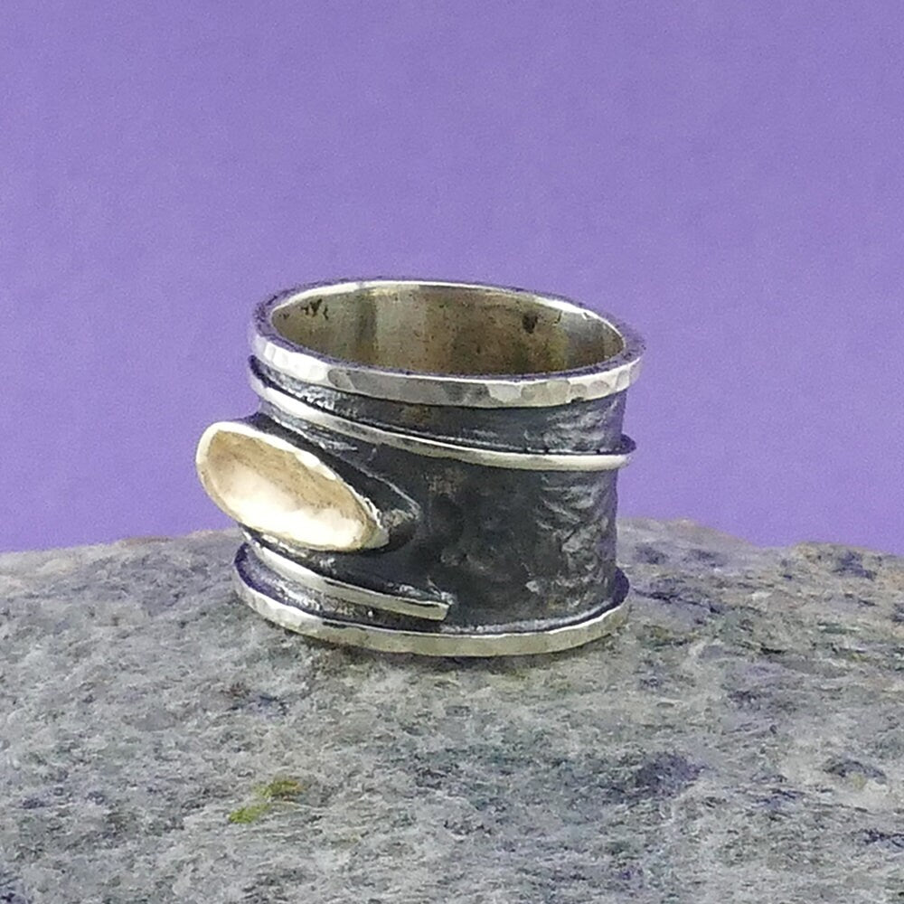 Handcrafted oxidied Silver Statement Ring Two Tone Solid 9 Katat Yellow Gold And 925 Sterling Silver Bohemian ring