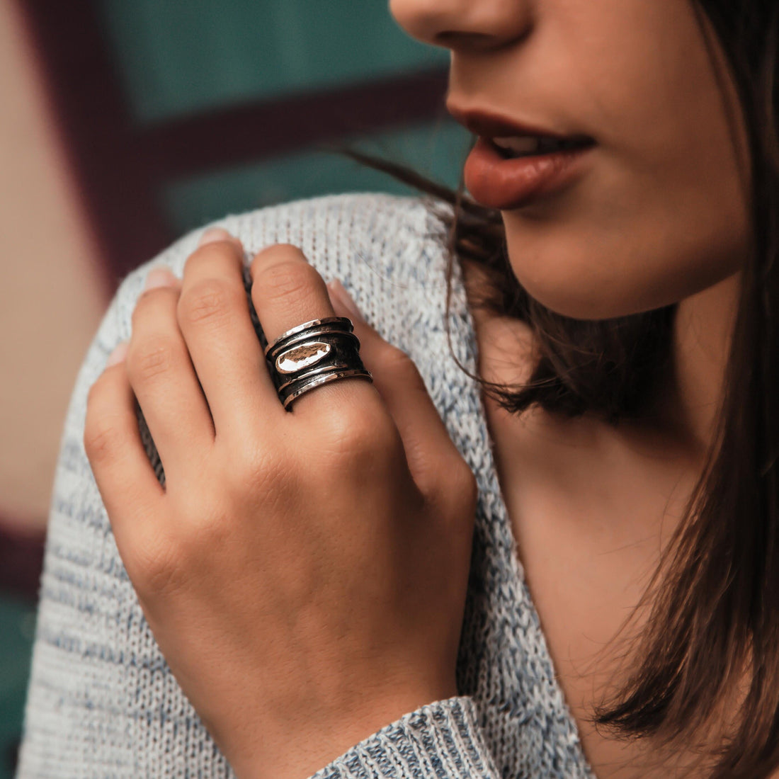 Handcrafted oxidied Silver Statement Ring Two Tone Solid 9 Katat Yellow Gold And 925 Sterling Silver Bohemian ring