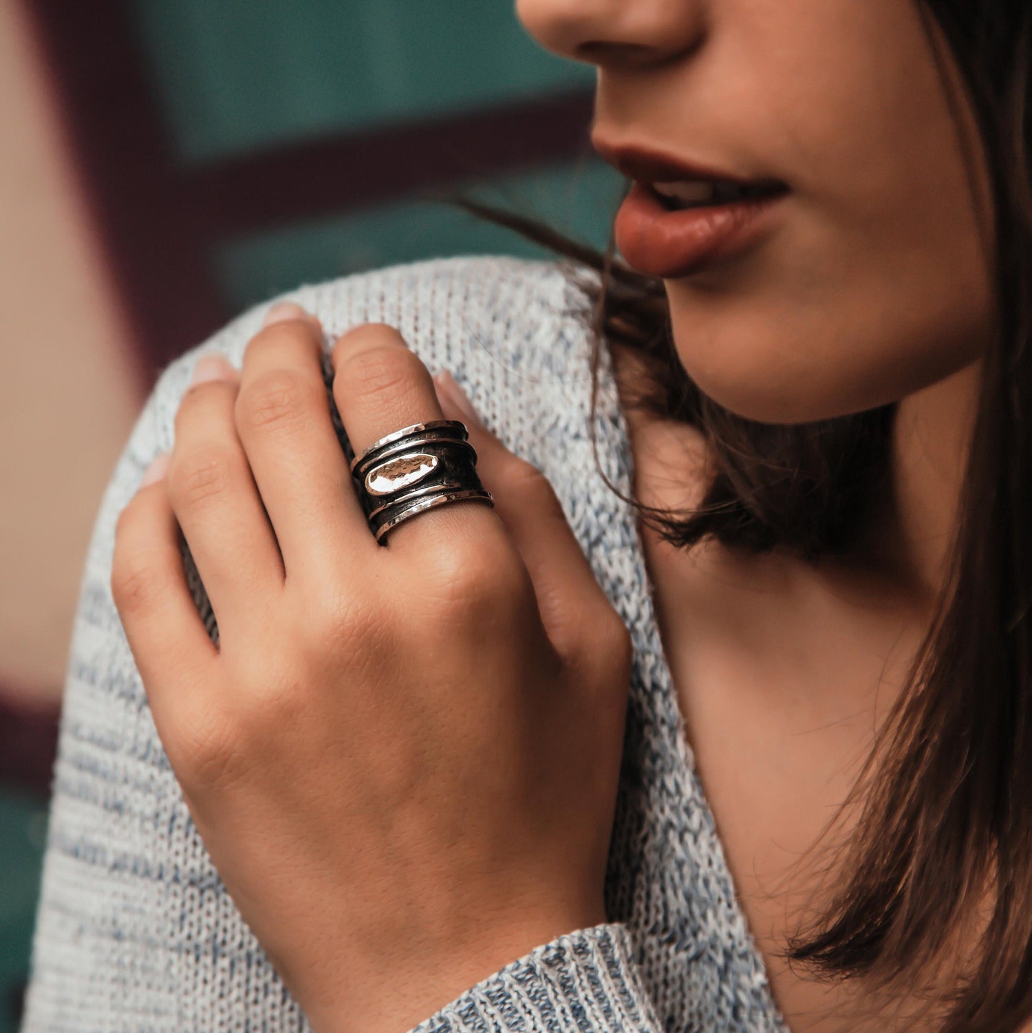 Handcrafted oxidied Silver Statement Ring Two Tone Solid 9 Katat Yellow Gold And 925 Sterling Silver Bohemian ring