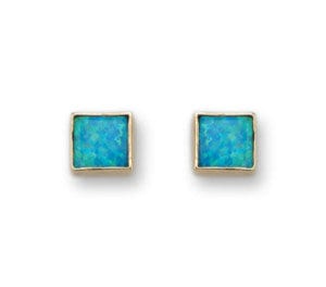 Square Blue Opal Stud Earrings Solid 9 karat Yellow Gold, Simple stud earrings