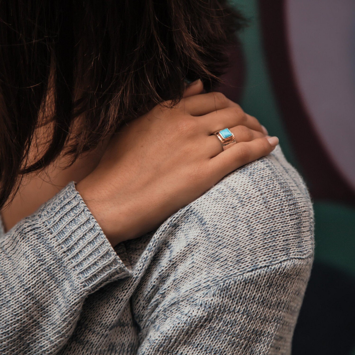 Blue opal Gemstone Ring Two Tone Solid 9 karat Rose Gold and 925 Sterling Silver Statement Ring