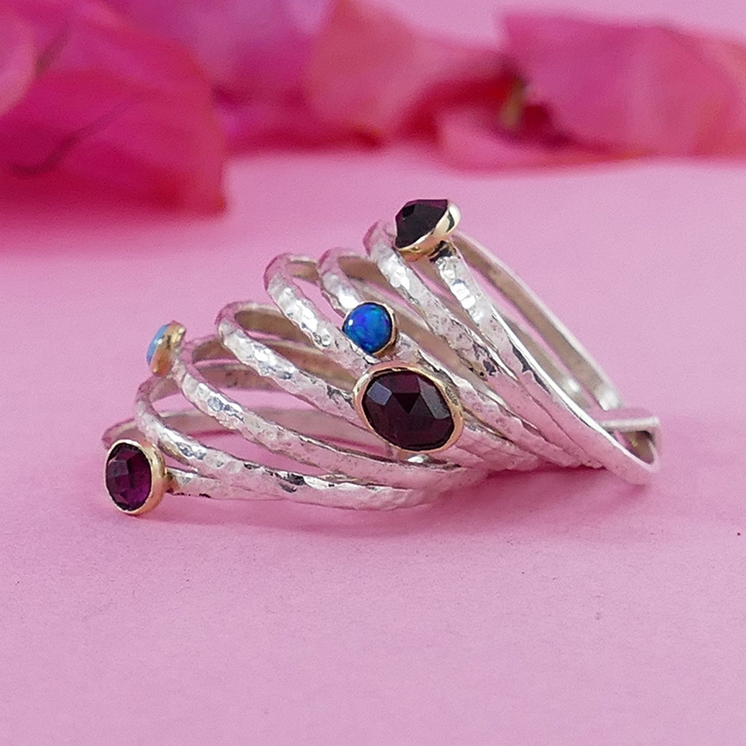 Blue Opal and Garnet Stackable Ring Two Tone Solid 9k Yellow Gold 925 Sterling Silver