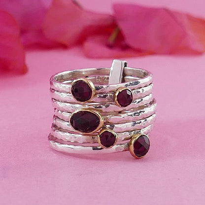 Blue Opal and Garnet Stackable Ring Two Tone Solid 9k Yellow Gold 925 Sterling Silver