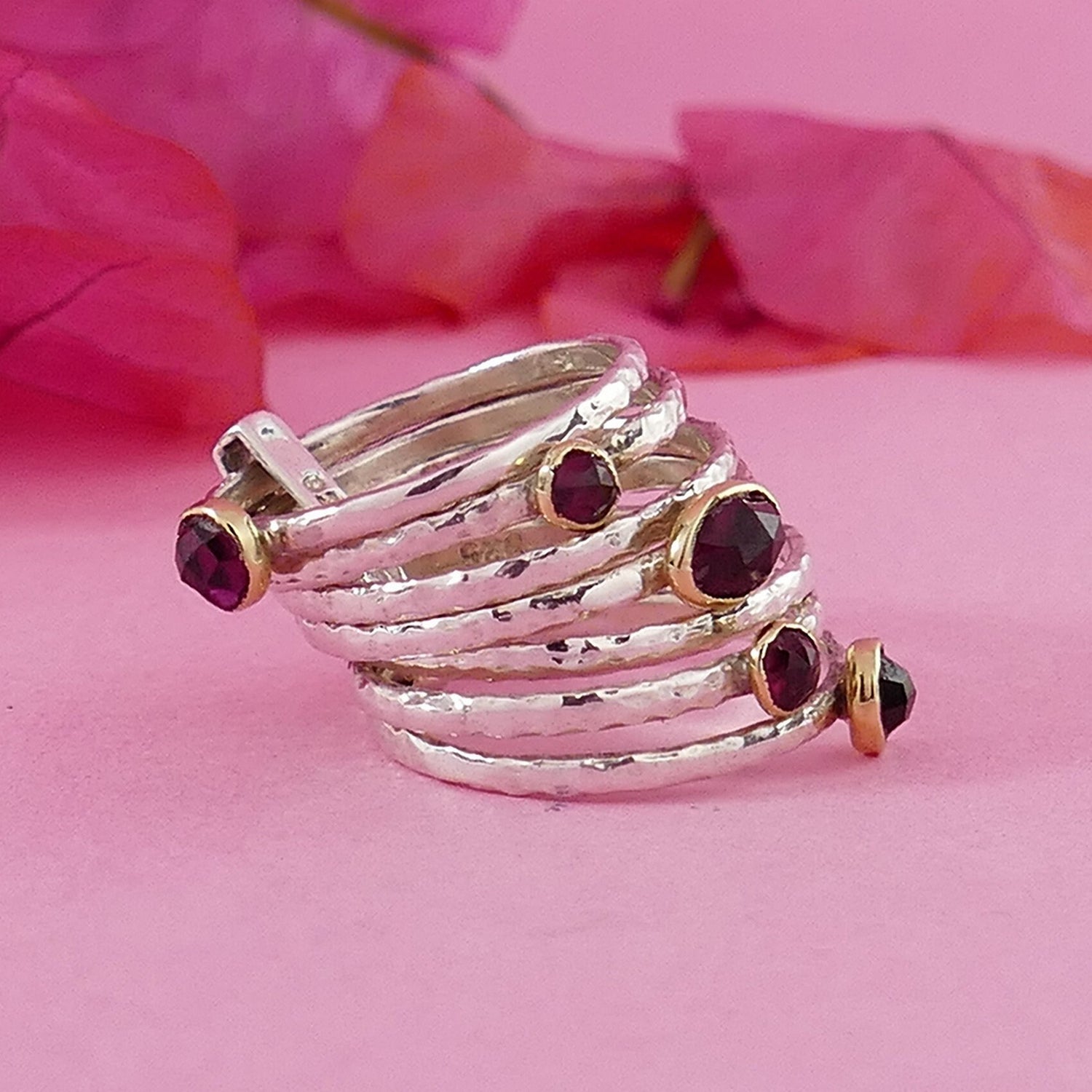 Unique Garnet gemstone Stackable Ring Two Tone Solid 9k Yellow Gold 925 Sterling Silver