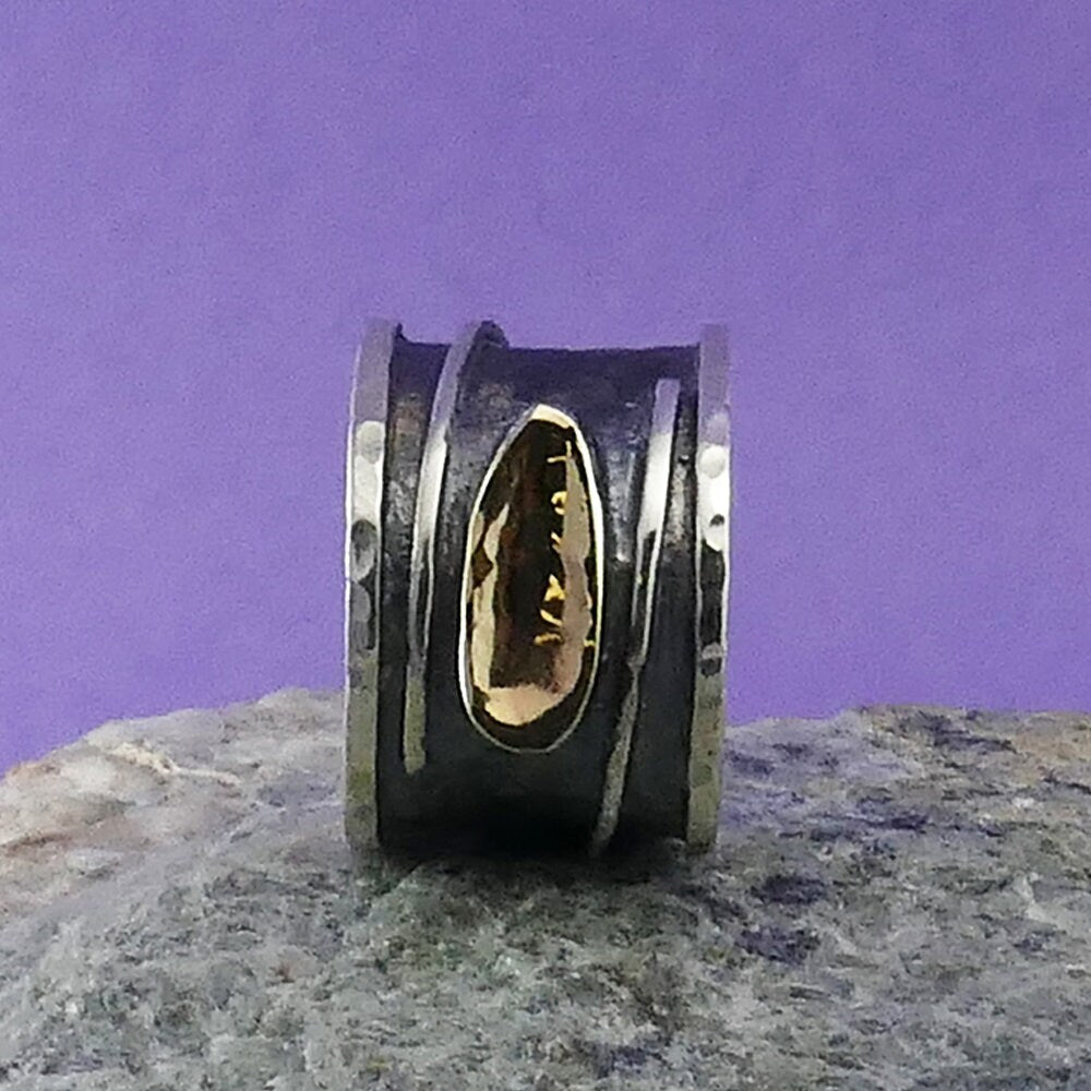 Handcrafted oxidied Silver Statement Ring Two Tone Solid 9 Katat Yellow Gold And 925 Sterling Silver Bohemian ring