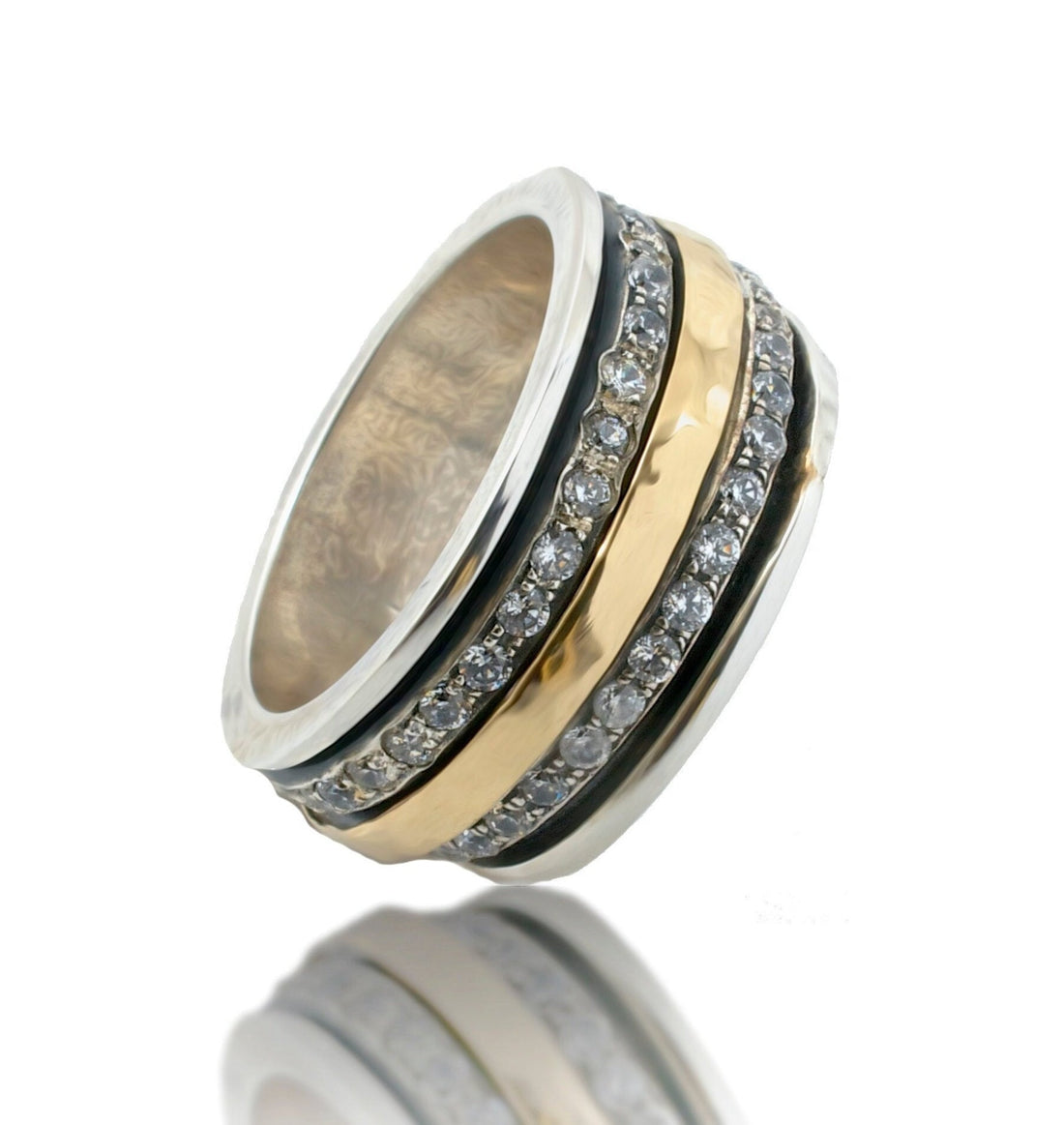 Mesmerizing Designs: Unique Two Tone Silver Spinner Ring with Gold & Cubic Zirconia