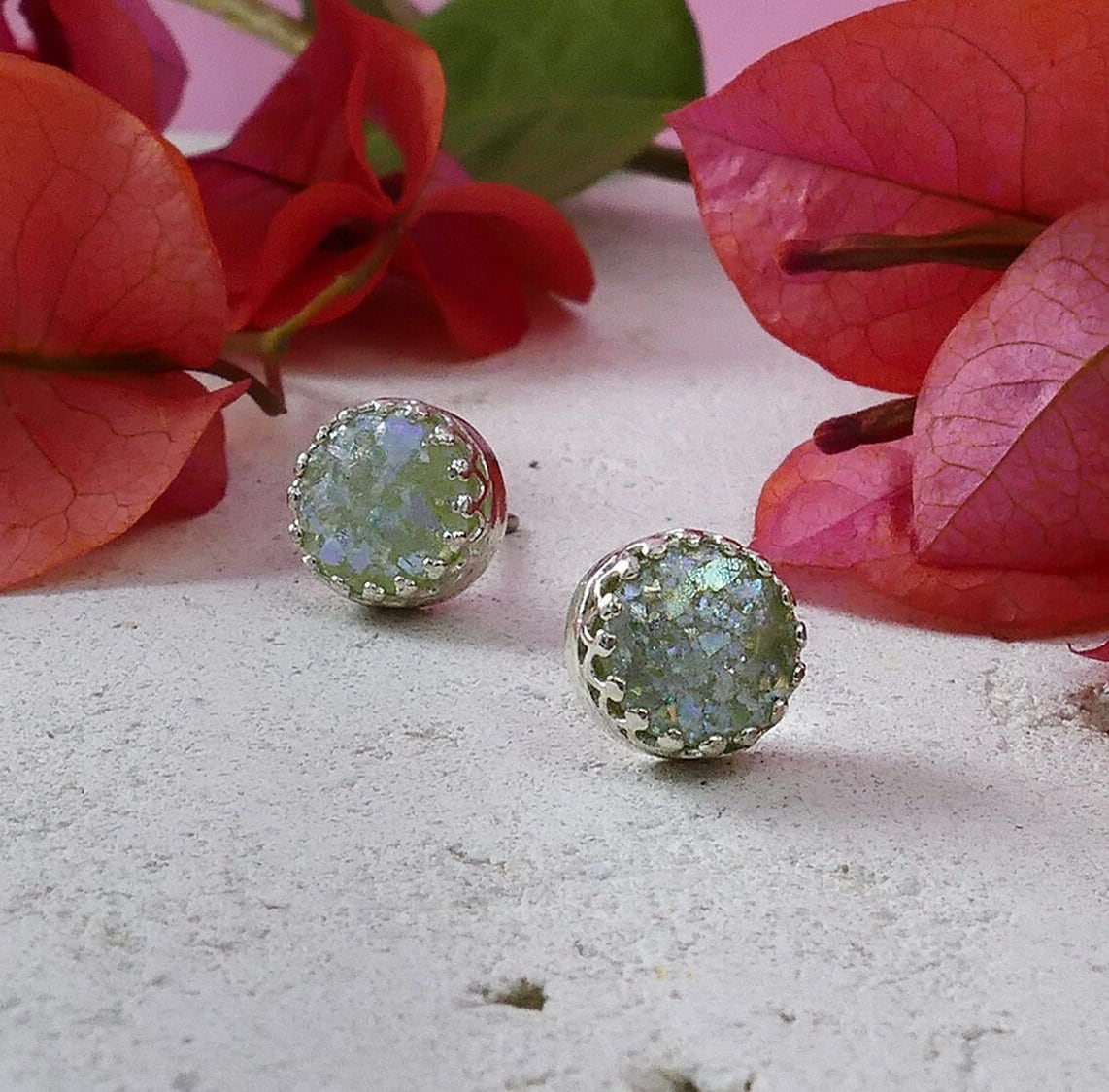 Unique Green Roman Glass Stone Earrings, 925 Sterling Silver Stud Earrings, Handcrafted Simple Everyday Israeli Jewelry