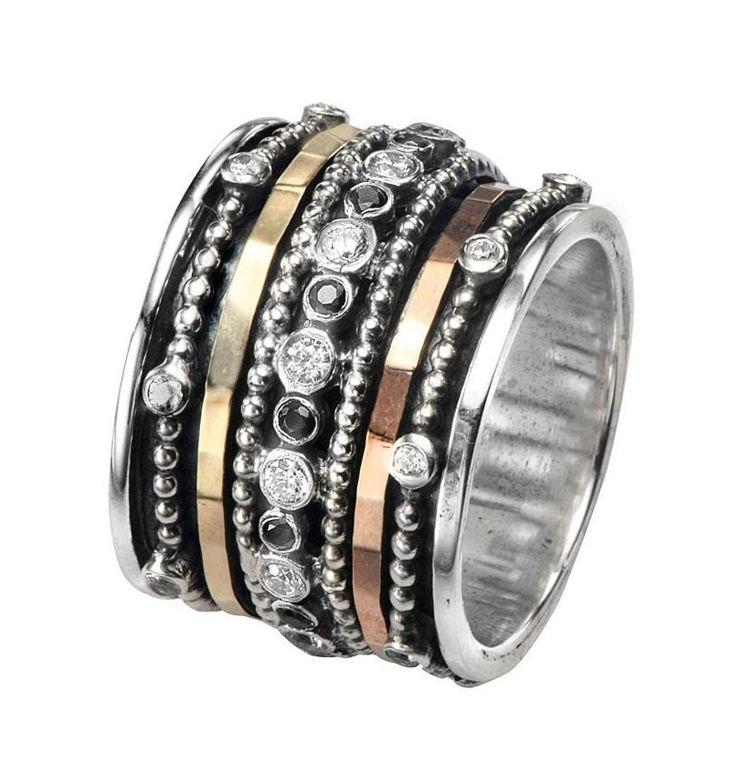 Mix Metal Spinner Ring Two Tone Solid 9k Yellow/Rose Gold and 925 Sterling Silver Oxidized worry ring Set with Cubic zirkonia &amp; Black spinel