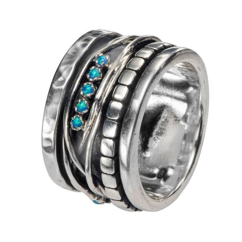 Spira Unique Blue Opal Stone 925 Sterling Silver Spinner Ring, Oxidized Silver Fidget ring, Gemstone ring, Worry ring, Handmade in Israel