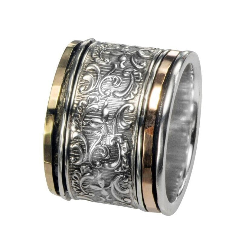 SPIRA Handcrafted Two Tone Solid 9k Yellow and Rose Gold And 925 Sterling Silver Spinner Ring, Oxidized Vintage Design, Silver Fidget ring