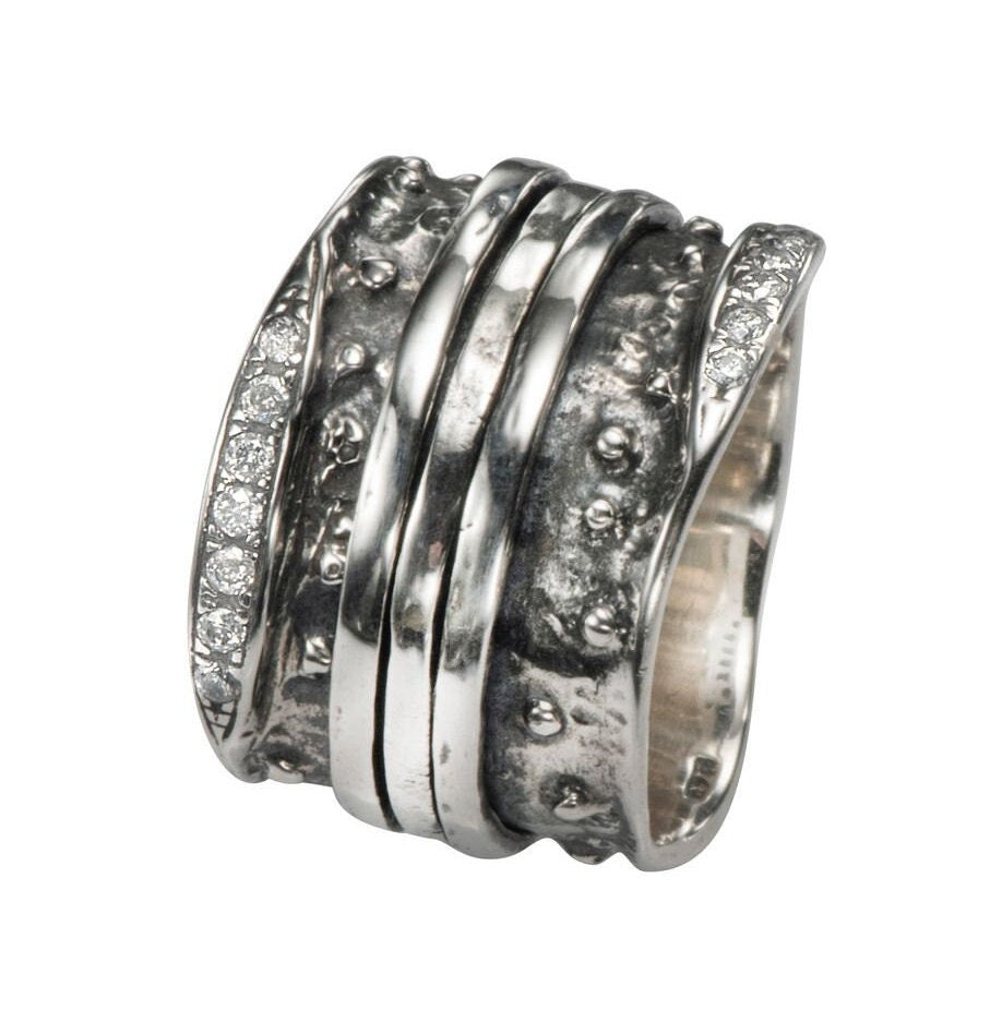 Unique Hammered Silver Ring Cubic Zirconia Stone 925 Sterling Silver Spinner Ring For Woman, Handmade in Israel, Worry Ring, Fidgth Ring