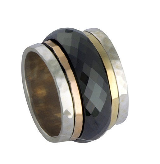 Black Ceramic Spinner Ring Two Tone Solid 9k Yellow &amp; Rose Gold 925 Sterling Silver